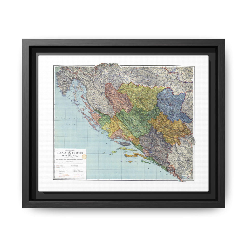 1914 Dalmatia, Bosnia, and Herzegovina Map Matte Canvas With Frame