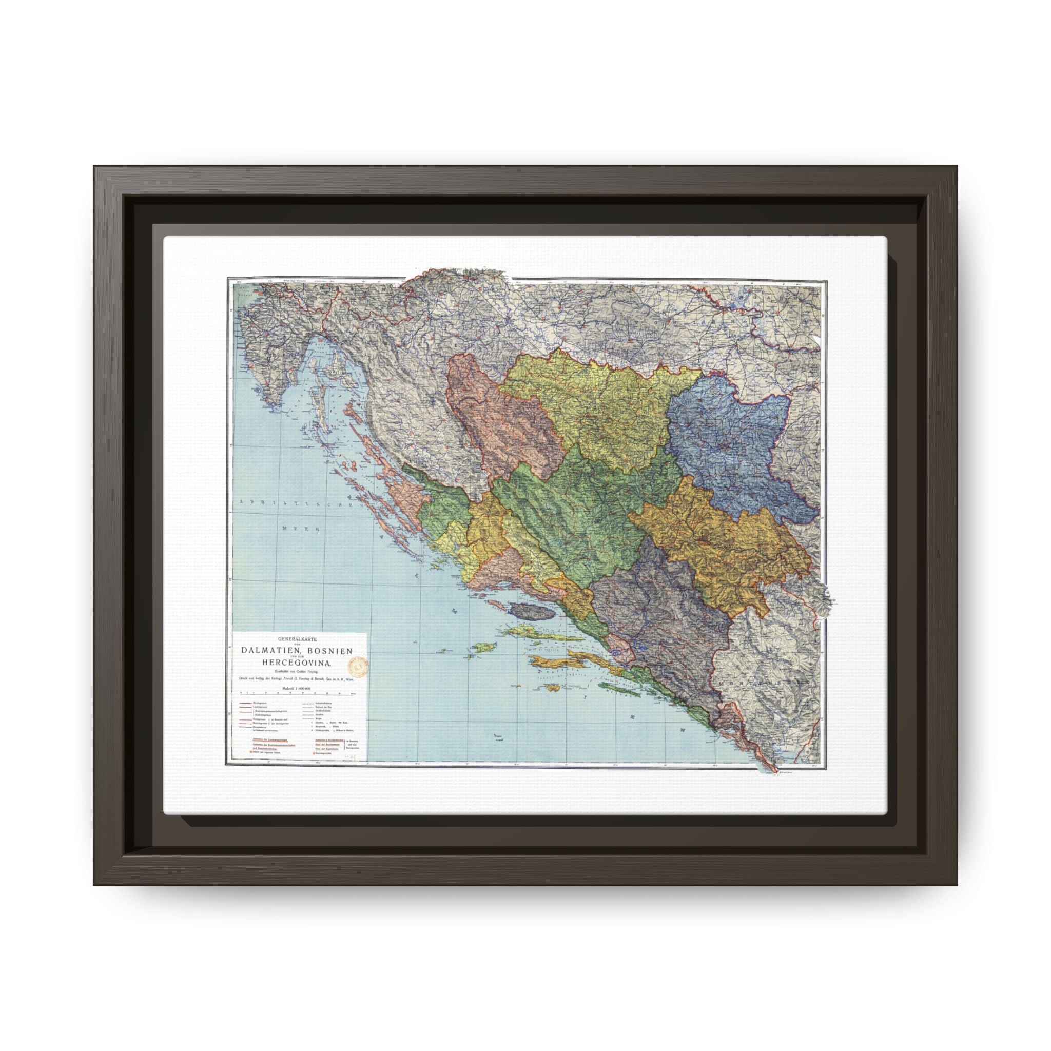1914 Dalmatia, Bosnia, and Herzegovina Map Matte Canvas With Frame