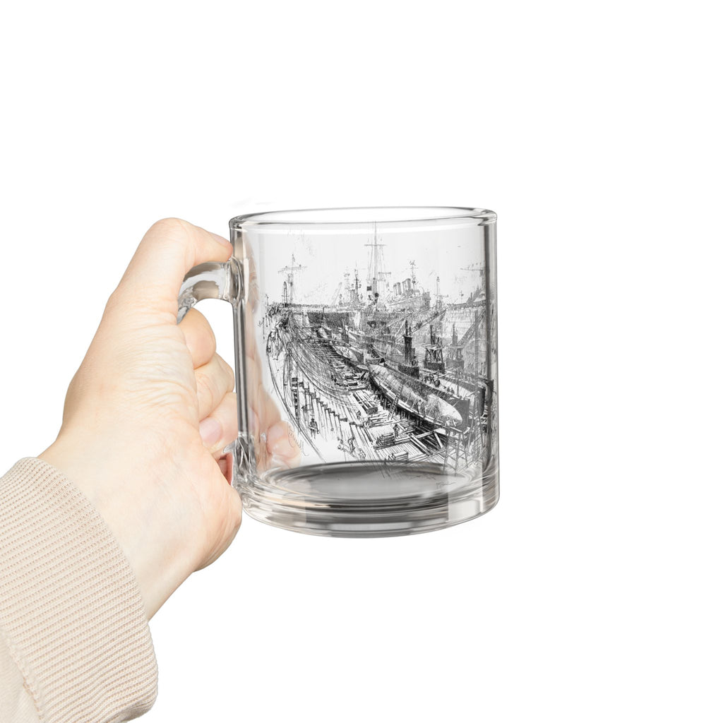 Dry Dock Days — Vintage Shipyard Sketch 10oz Glass Coffee Mug