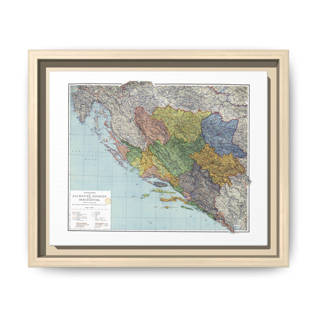 1914 Dalmatia, Bosnia, and Herzegovina Map Matte Canvas With Frame