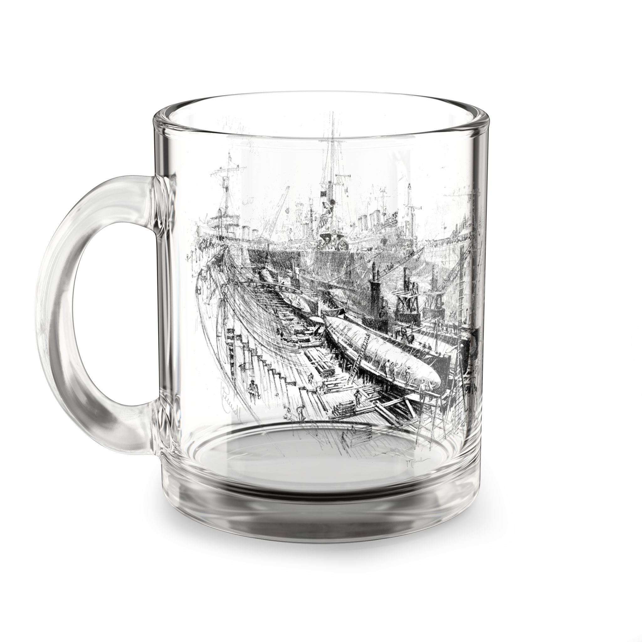 Dry Dock Days — Vintage Shipyard Sketch 10oz Glass Coffee Mug